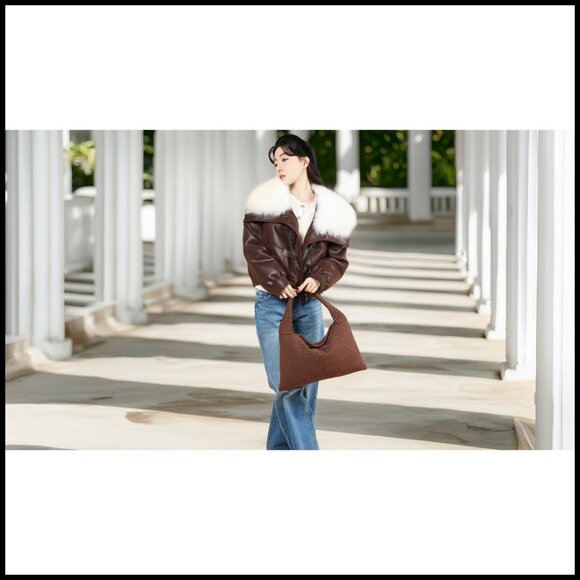 Vegan Leather Woven Tote Hobo Bag Large Shoulder Purse Vintage Suede - Picture 6 of 6